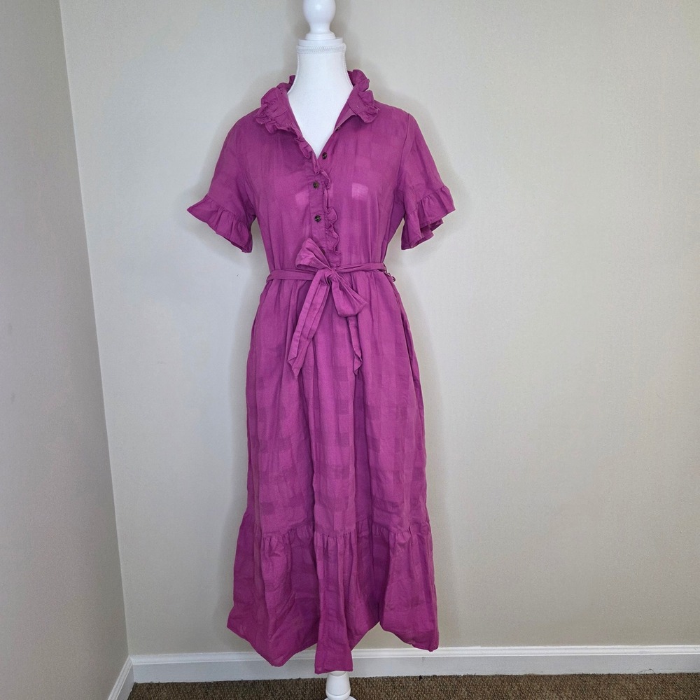 Cottagecore Monotone Check Maxi Dress Prairie Ruffle 100%‎ Cotton Size S